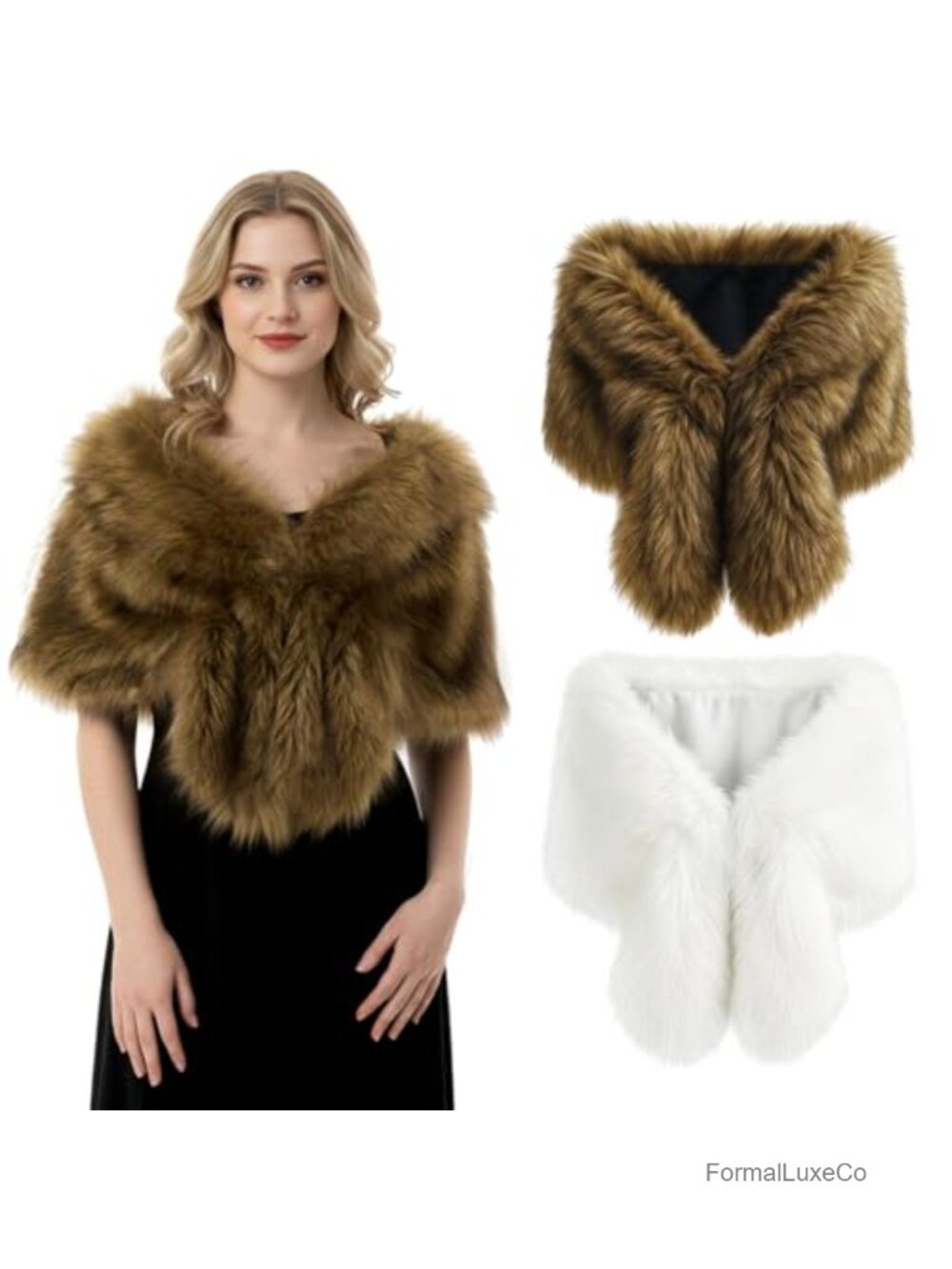 Faux Fur Shawl Wrap Set of 2 Winter Stole Scarf Cape for Wedding Evening Party